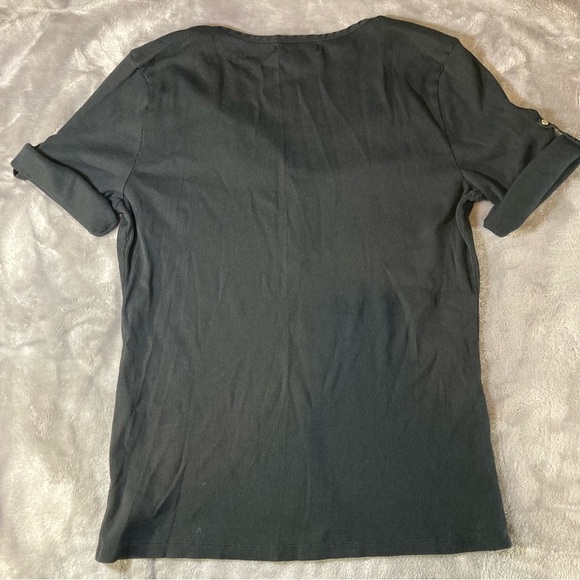 Lauren Ralph Lauren Black Ribbed Short Sleeve Roll Up Snap Button VNeck Shirt XL - Picture 5 of 8